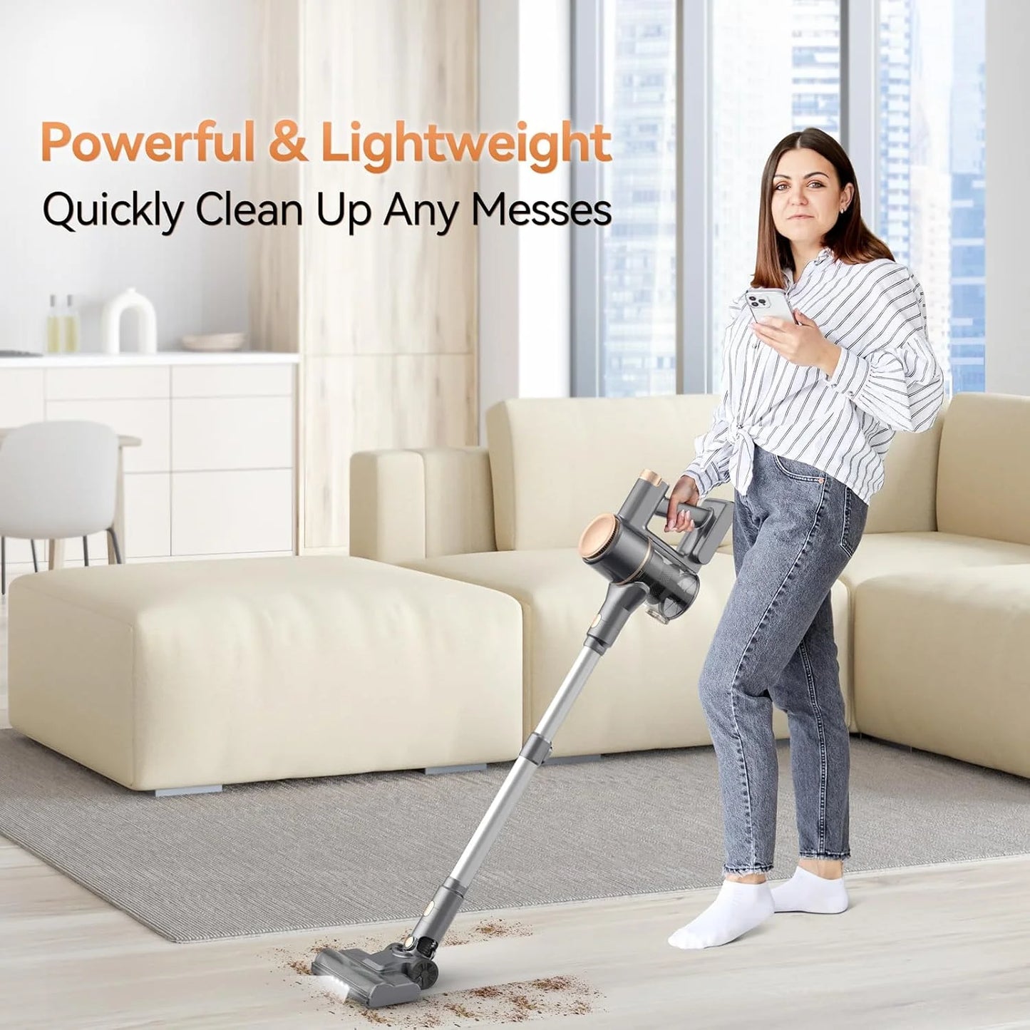 N8 Cordless Vacuum Cleaner,20Kpa 40 Mins Runtime Lightweight Stick Vacuum,Self-Standing, Rechargeable Vacuum Cleaners for Pet Hair,Carpet,Hardwood Floor (Gold)