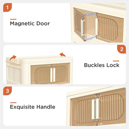 TNTANTS 3 Tiers Stackable Storage Bins with Lids and Wheels, Magnetic Dual Open Collapsible Storage Container, 80QT Folding Storage Box Bins for Closet Organizers, Home and Office, Beige