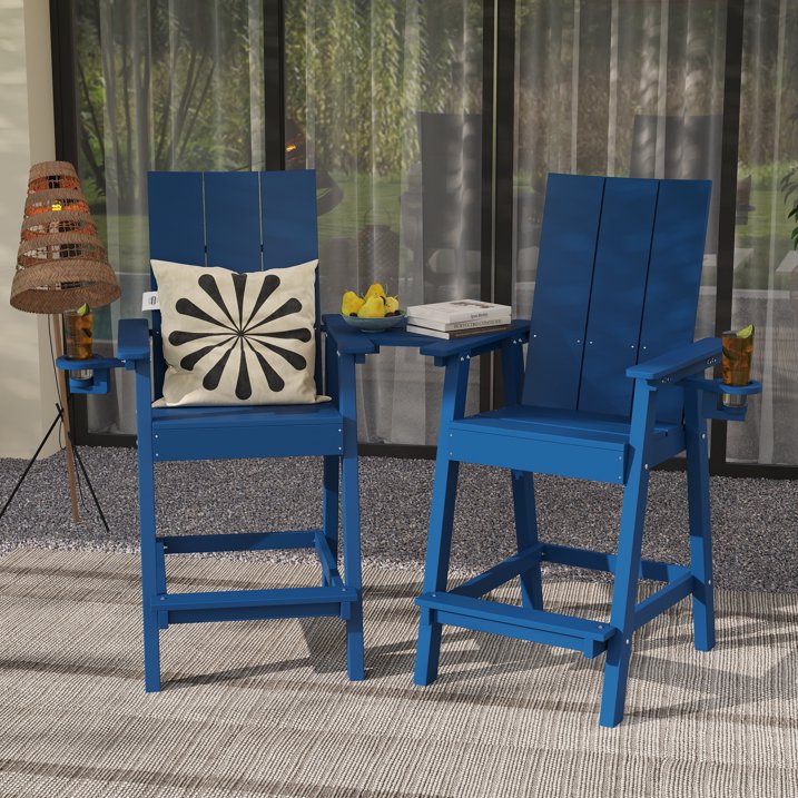 Tall Adirondack Chair Set of 2, HDPE All Weather Adirondack Bar Stools with Connecting Tray, Navy Blue