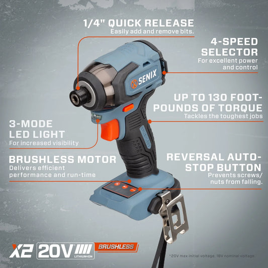 SENIX 20 Volt Max* 1/4-Inch Impact Driver, Brushless Motor, 130 Foot-Pound of Max Torque, 3000 RPM (Battery, Charger and Soft Bag Included) PDIX2-M2