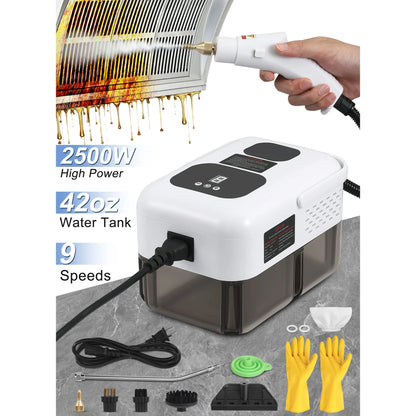 ALILYY Steam Cleaner 2500W Handheld Steam Cleaner for Home,Steamer for Cleaning with 42oz Water Tank,6 Cleaning Attachments for Cleaning Stubborn Stains,Grease,Floors,Couches & Cars，Black