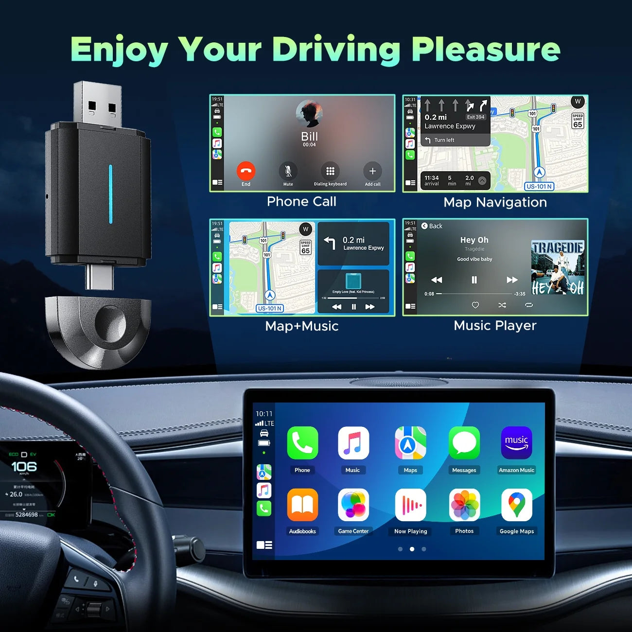 Toguard 2 in 1 Wireless Carplay Adapter for Apple Carplay & Android Auto, Adapter for Converts Wired to for Cars, 5.8GHz WiFi, Plug & Play, iOS 10+ & Android 12+, Bluetooth, Black