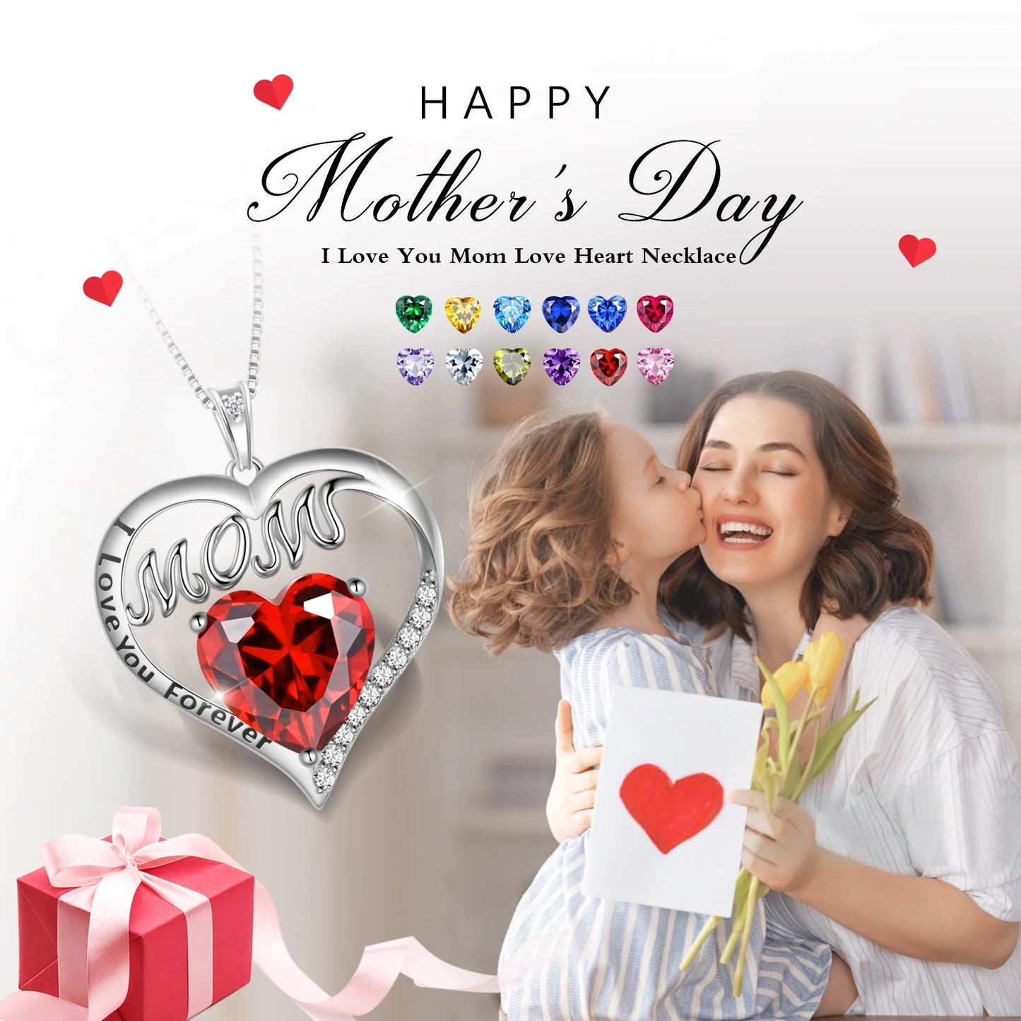 Juwaliy Women Necklace for Mom Grandma Mother's Day Gifts, Heart May Birthstone Necklace Emerald Green 925 Sterling Silver Pendant Christmas Jewelry