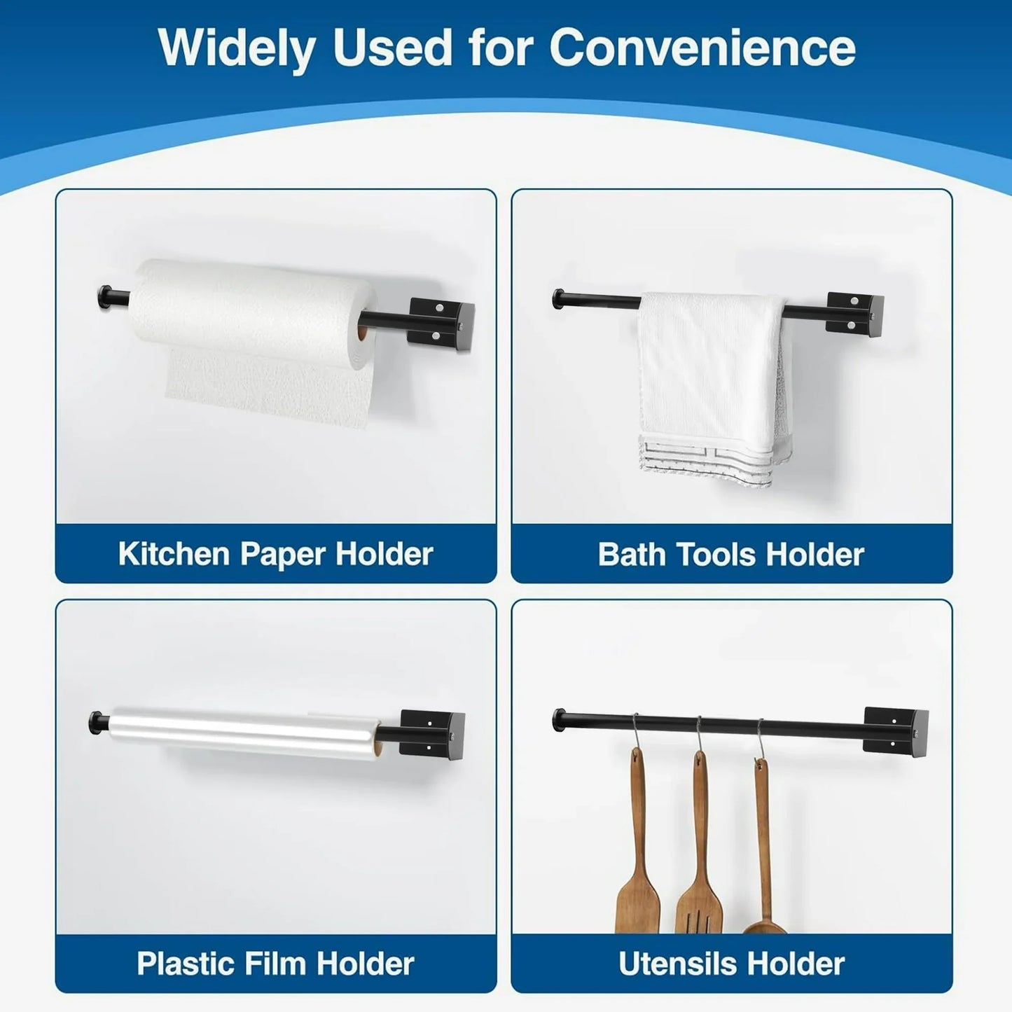 Aovky Paper Towel Holder Under Cabinet, 13.9 inch Self Adhesive Paper Towel Holder Wall Mount with 4 Hooks Stainless Steel Paper Towel Roll Rack for Kitchen Bathroom RV, Black