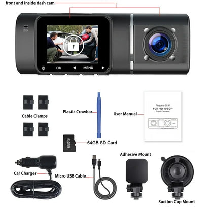 TOGUARD Dual Dash Cam Front and Inside 1080P Dashcam for Cars with 64GB SD Card IR Night Vision Car Camera for Taxi Vehicle Accident Lock Parking Monitor