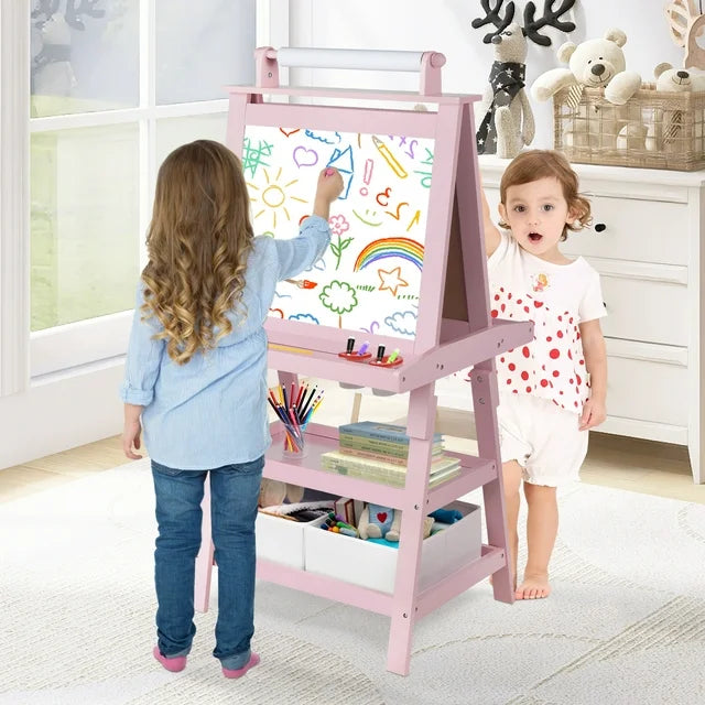 LINLUX 3 in 1 Kids Art Easel Drawing Board Double-Sided Whiteboard Chalkboard, Pink