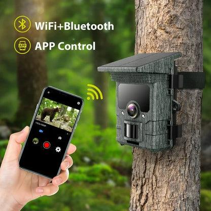 CAMPARK Solar WiFi Trail Camera Native 4K 30fps 46MP Super Concealment Hunting Deer Game Camera wtih 4400mAh Night Vision Motion Activated Waterproof IP66 Trail Wildlife Camera wtih SD Card