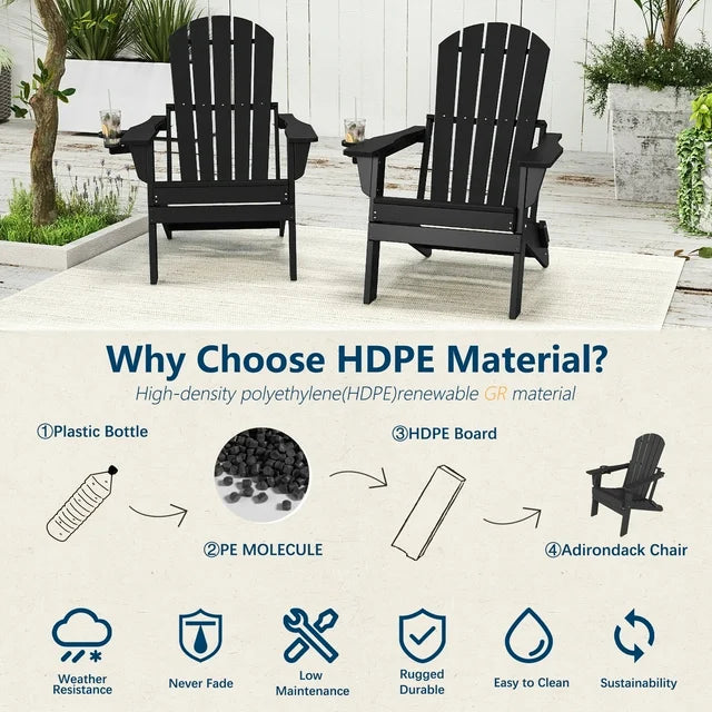 FOOWIN HDPE Folding Adirondack Chair, Fire Pit Chairs with Cup Holder, Black