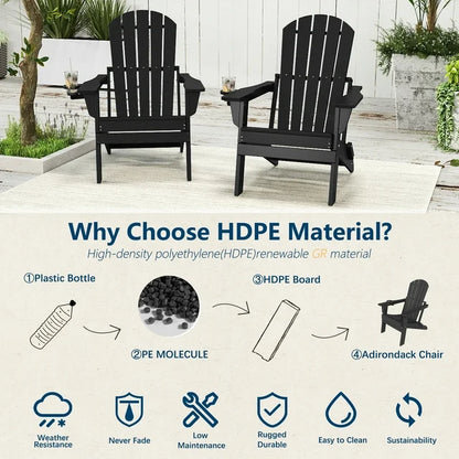 FOOWIN HDPE Folding Adirondack Chair, Fire Pit Chairs with Cup Holder, Black