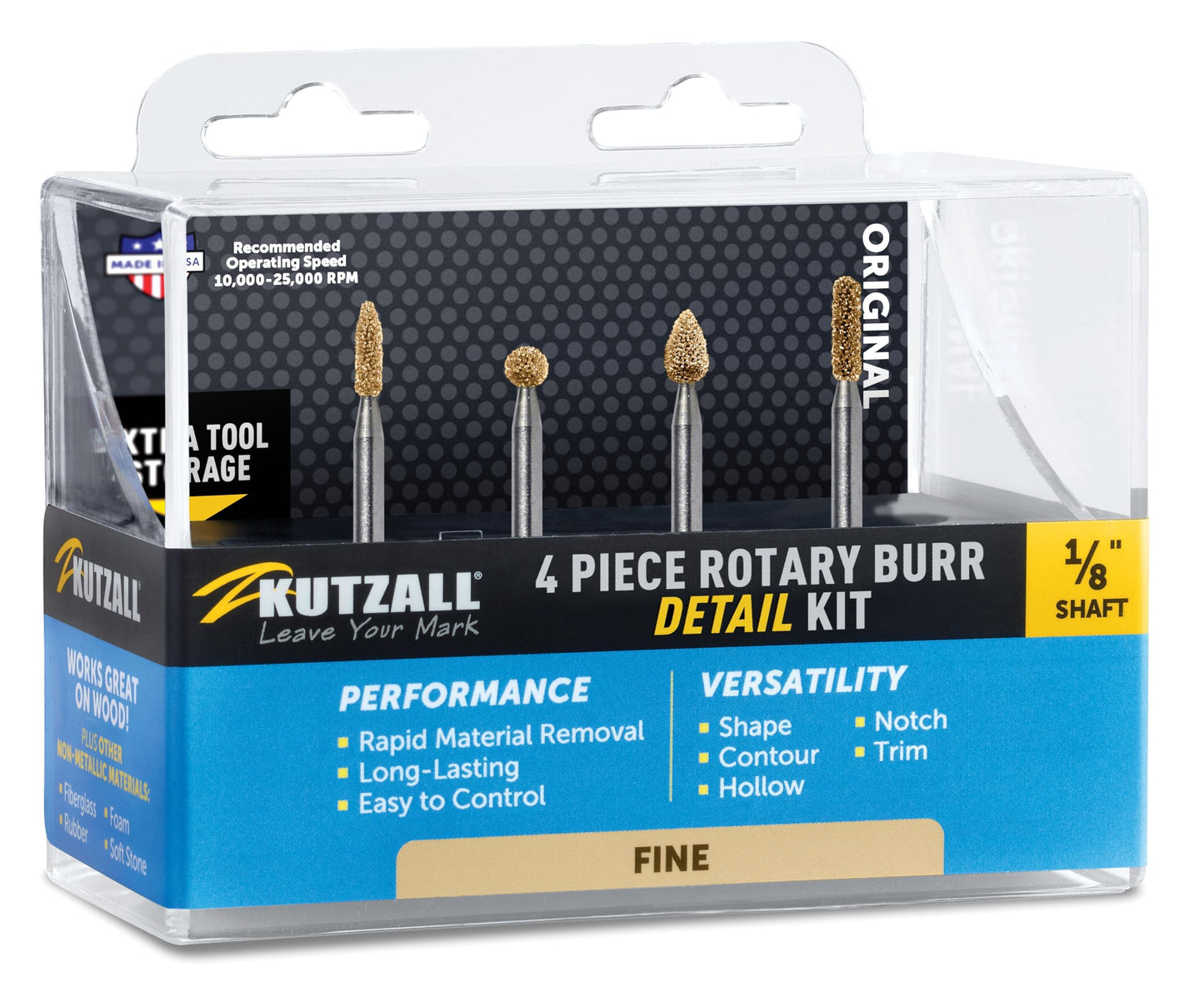 4-Piece Rotary Burr Detail Kit - 1?8 Shaft, Fine ¨C Wood Carving Bit for Dremel, Foredom, Ryobi, DeWalt, Milwaukee Tools - Structured Tungsten Carbide, 18FKIT02
