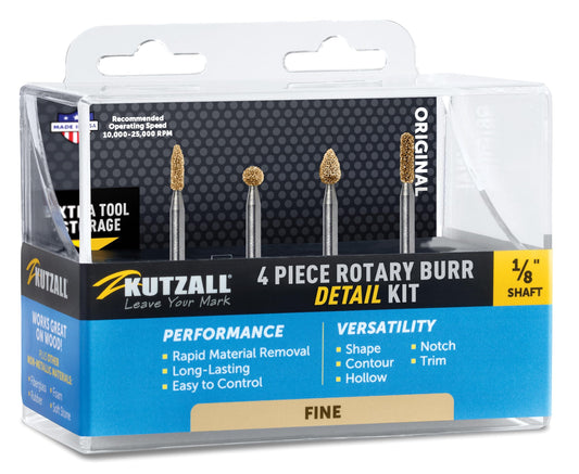 4-Piece Rotary Burr Detail Kit - 1?8 Shaft, Fine ¨C Wood Carving Bit for Dremel, Foredom, Ryobi, DeWalt, Milwaukee Tools - Structured Tungsten Carbide, 18FKIT02