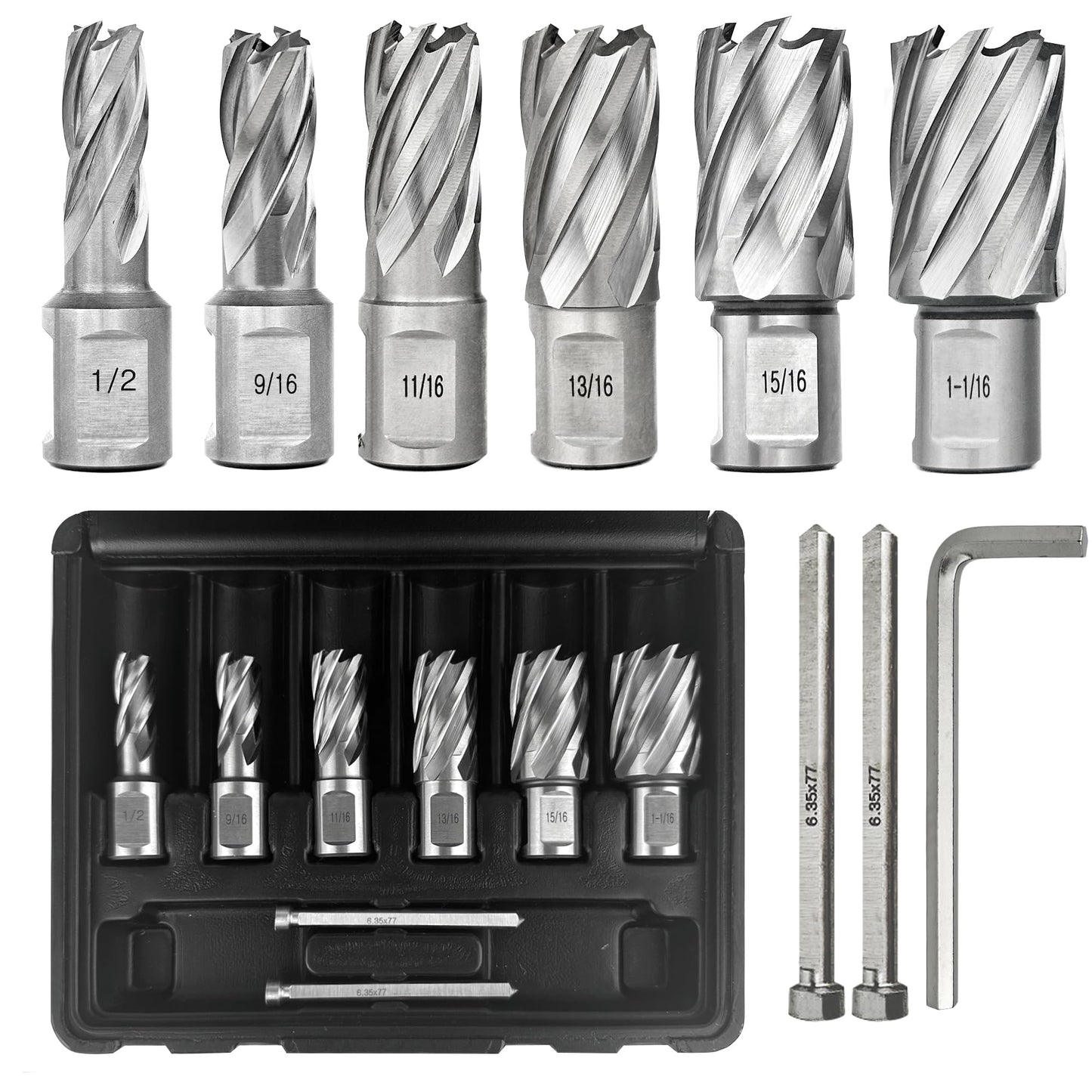 Pro Edge 6pcs Annular Cutter Set, 1 Cutting Depth, 1/2 to 1-1/16 Cutting Diameter, M2 Mag Drill Bits for Magnetic Drill Press with 2 Pilot Pin & 1 Hex Wrench, for Steel, Aluminum, Copper