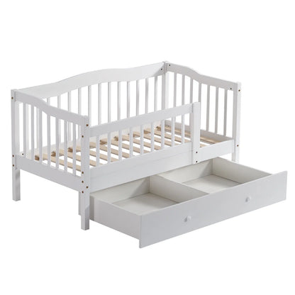 Zimtown Toddler Daybed, Wood Kids Day Bed Frame with Storage Drawer, Children Classic Sleeping Bedroom Furniture w/Safety Rail Fence (White)