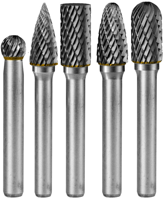 5Pcs Carbide Burr Set 1/4 Shank w/Clear Box Head Dia 8mm Die Grinder Bits Rotary Tools Attachment Kit Rasp File Accessories Metal Wood Stone Steel Grinding Deburring Cutting Porting Carving