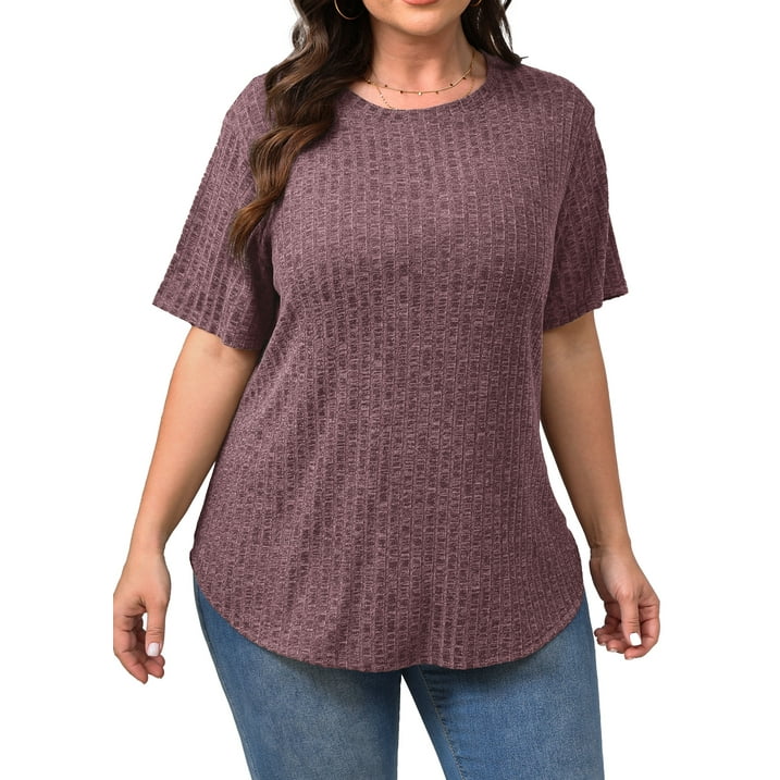 Fantaslook Womens Plus Size Tops Crewneck Short Sleeve Shirts Casual Loose Tunic Tops Curved Hem Summer Blouses