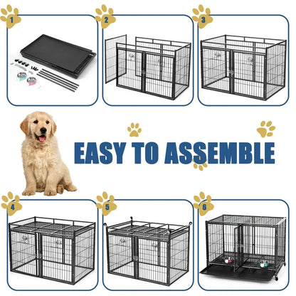 Suchown Heavy Duty Dog Crate  37 Inch Escape Proof Steel Cage for Small to Medium Dogs, Stackable Metal Kennel with Double Door, Lockable Wheels, Removable Tray  Feeding Bowls, Indoor/Outdoor Use
