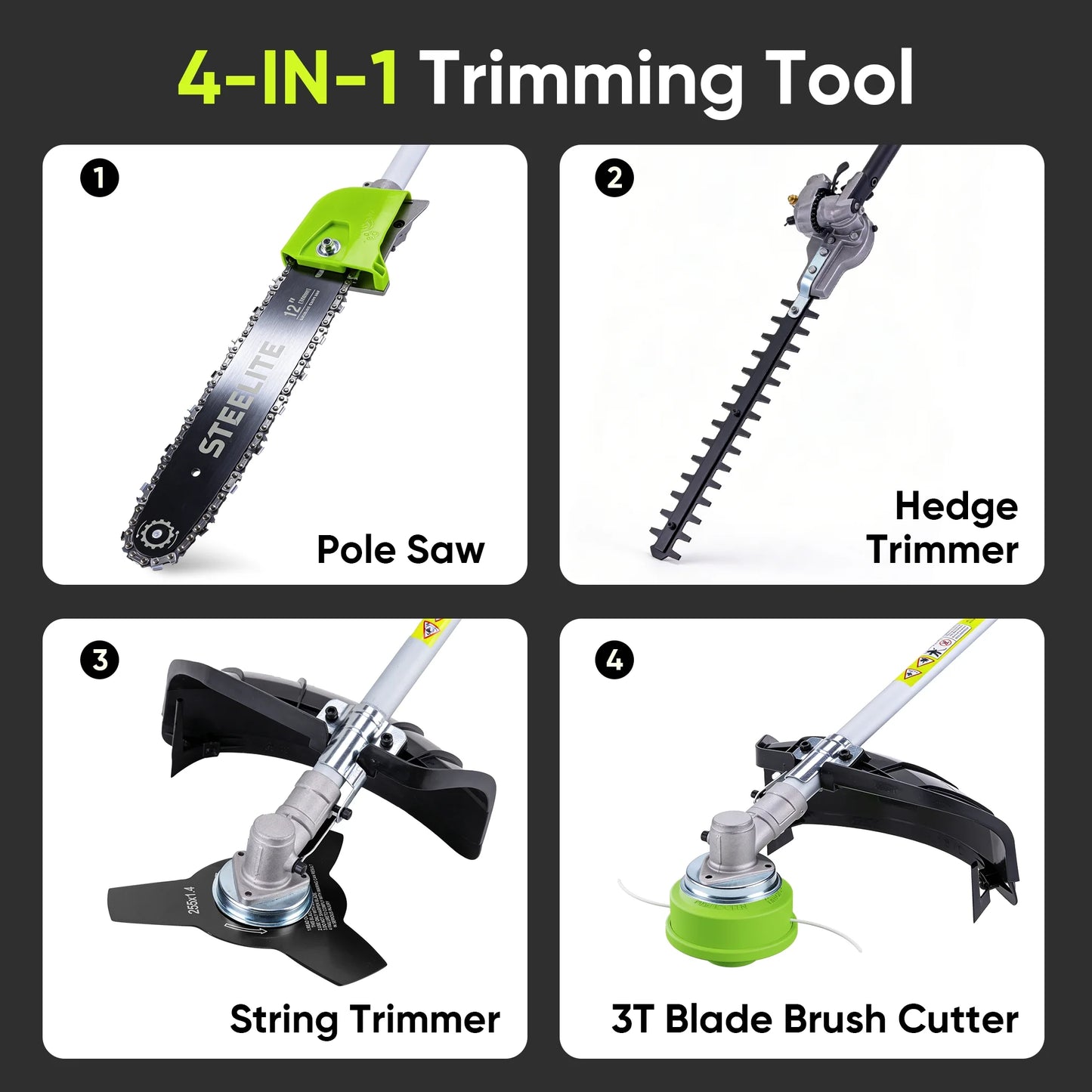 Steelite 52cc 4 in 1 Gas Powered Weed Wacker, 2-Stroke Multi-Functional Grass String Trimmer with Hedge Trimmer, Cordless Brush Cutter, Pole Saw for Tree Trimming,Weed Eater for Patio & Lawn