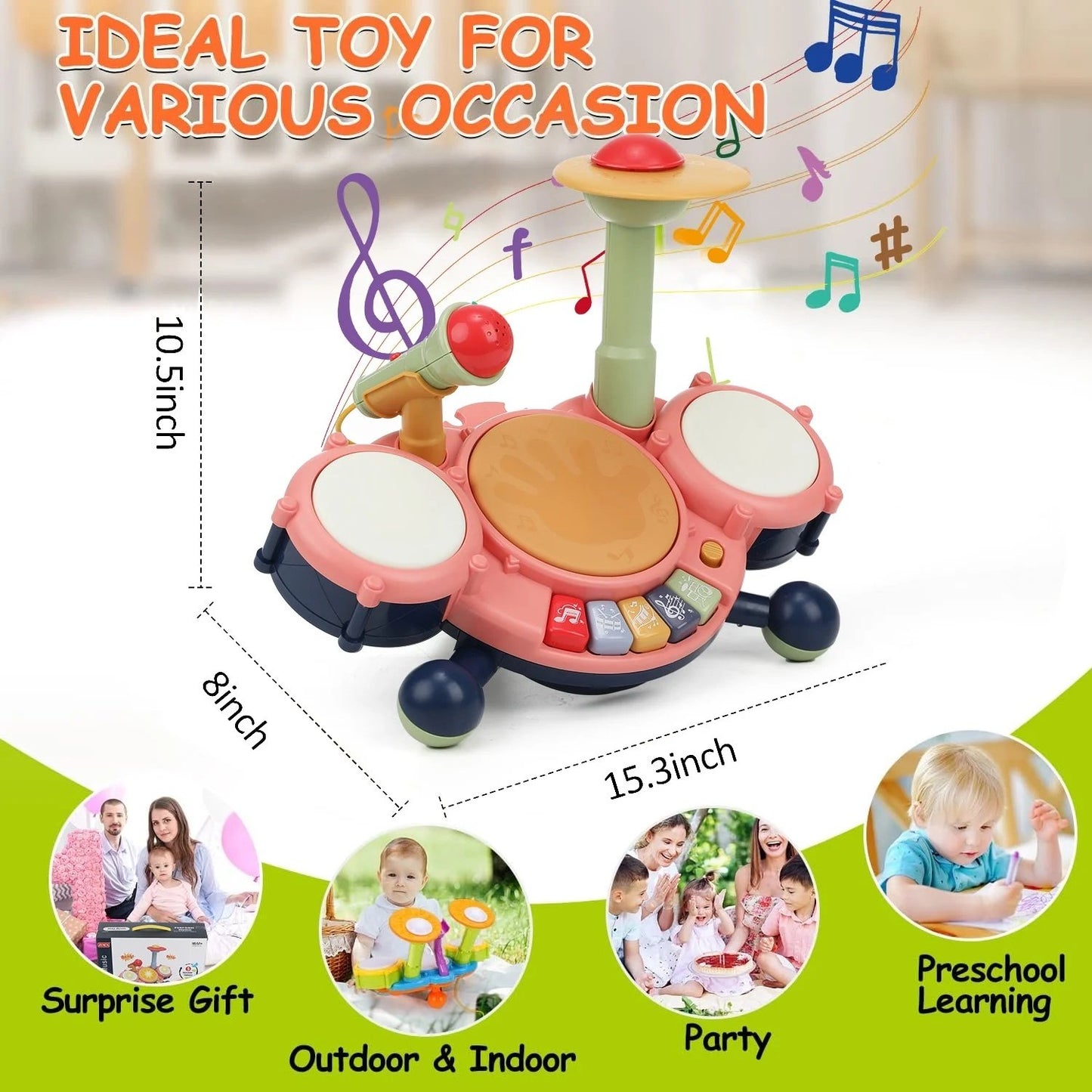JUGAAD LIFE Drum Set for Toddler Kids, Baby Drum Set Toys Gift for 1 2 3 Year Old, Musical Instruments Learning Toys with 2 Drumsticks and Microphone (Pink)