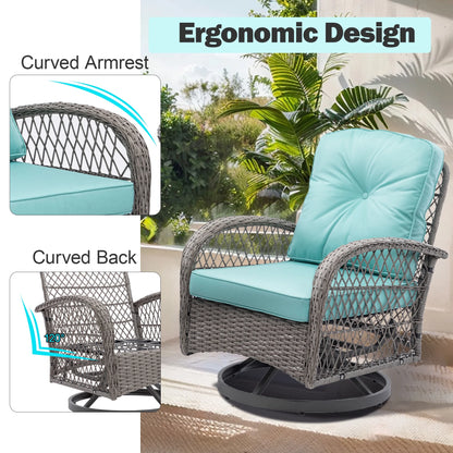 Seizeen Patio Furniture Set, 3 Pieces Outdoor Swivel Gliders Rocker, Wicker Bistro Set with Thickened Cushions, Rattan Porch Balcony Furniture Chair for 2 with Table, 360°Swivel