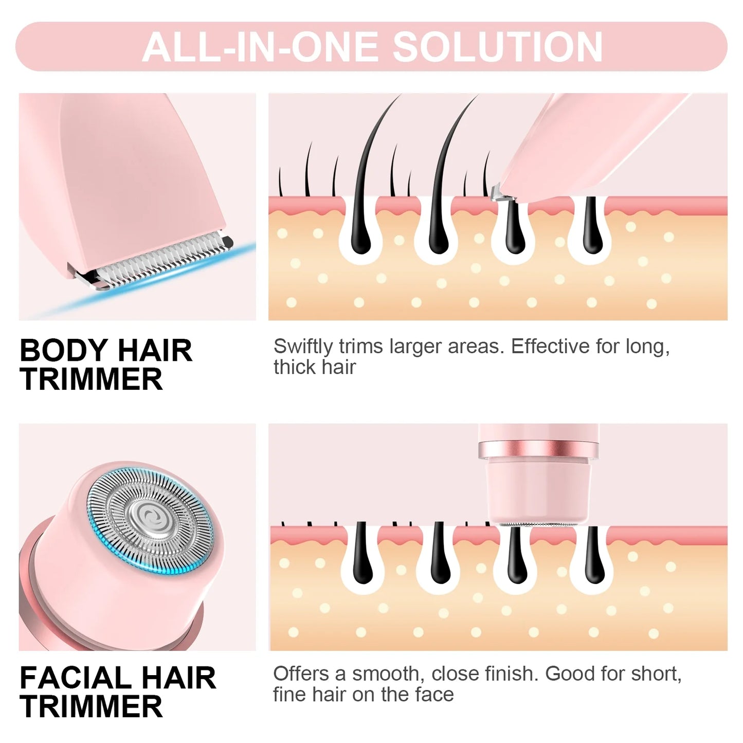 Body Trimmer for Woman Bikini Face, MichPong Dual-Head Electric Razor USB Rechargeable Wet Dry Use