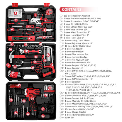 TOPHDY Tool Set with 12V Cordless Drill ,276 piece Tool Set Driver Toolbox Storage Case with Drawer, Professional House Repair Driver Set
