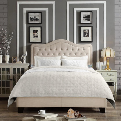 King Size Classical Bed Frame with Adjustable Button Tufted Headboard, Fabric Upholstered Platform Bed Frame for Bedroom, Strong Wooden Slat Support, Easy Assembly, Beige