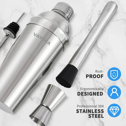 VAVSEA Cocktail Shaker Set with Rotatable Stand, Mixology Bartender Kit Bar Tool Set for Drink Mixing Home Lounge Party Bar Accessories with Straws & Spoon, Silver, 19pcs