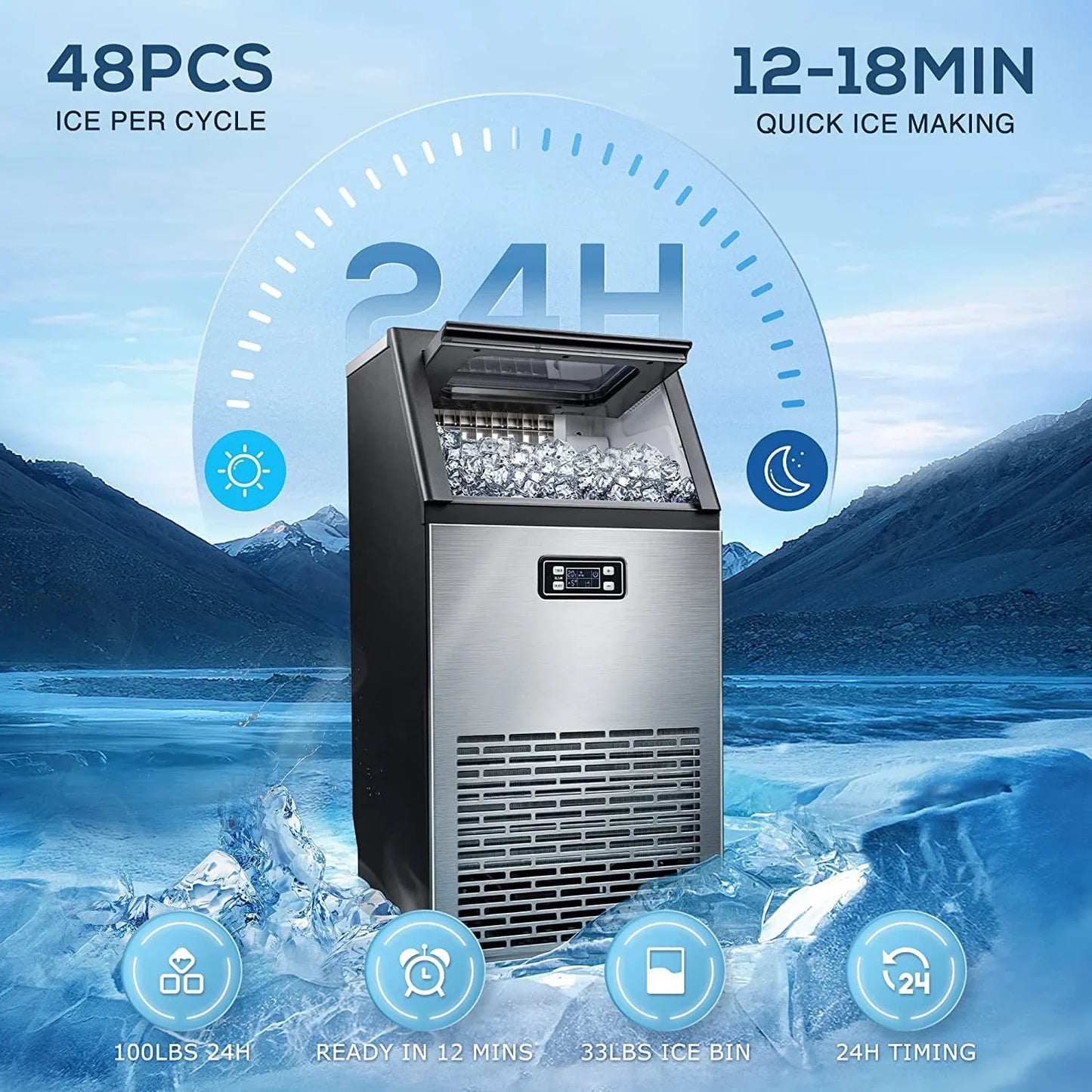 100Lbs/24H Commercial Ice Maker, 45 Cubes in 11 Mins, Stainless Steel, Auto Clean, Under Counter for Home/Bar Use， Auseo