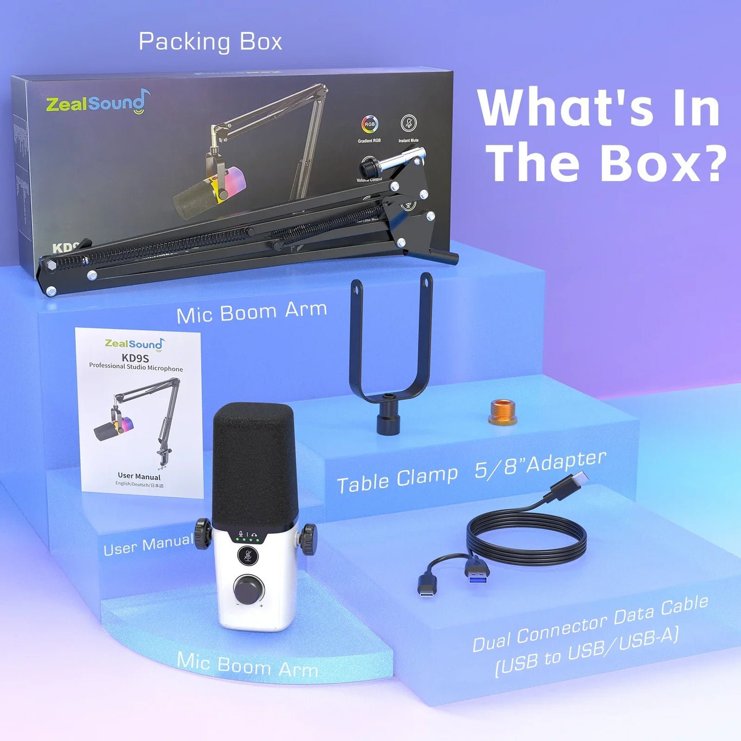 ZealSound USB Gaming Microphone,PC Microphone for phone tablet with RGB for Streaming Podcast Vocal Recording ASMR, Computer Mic with Noise Cancellation,Mute Button,Gain Knob,Desktop Arm Boom Stand