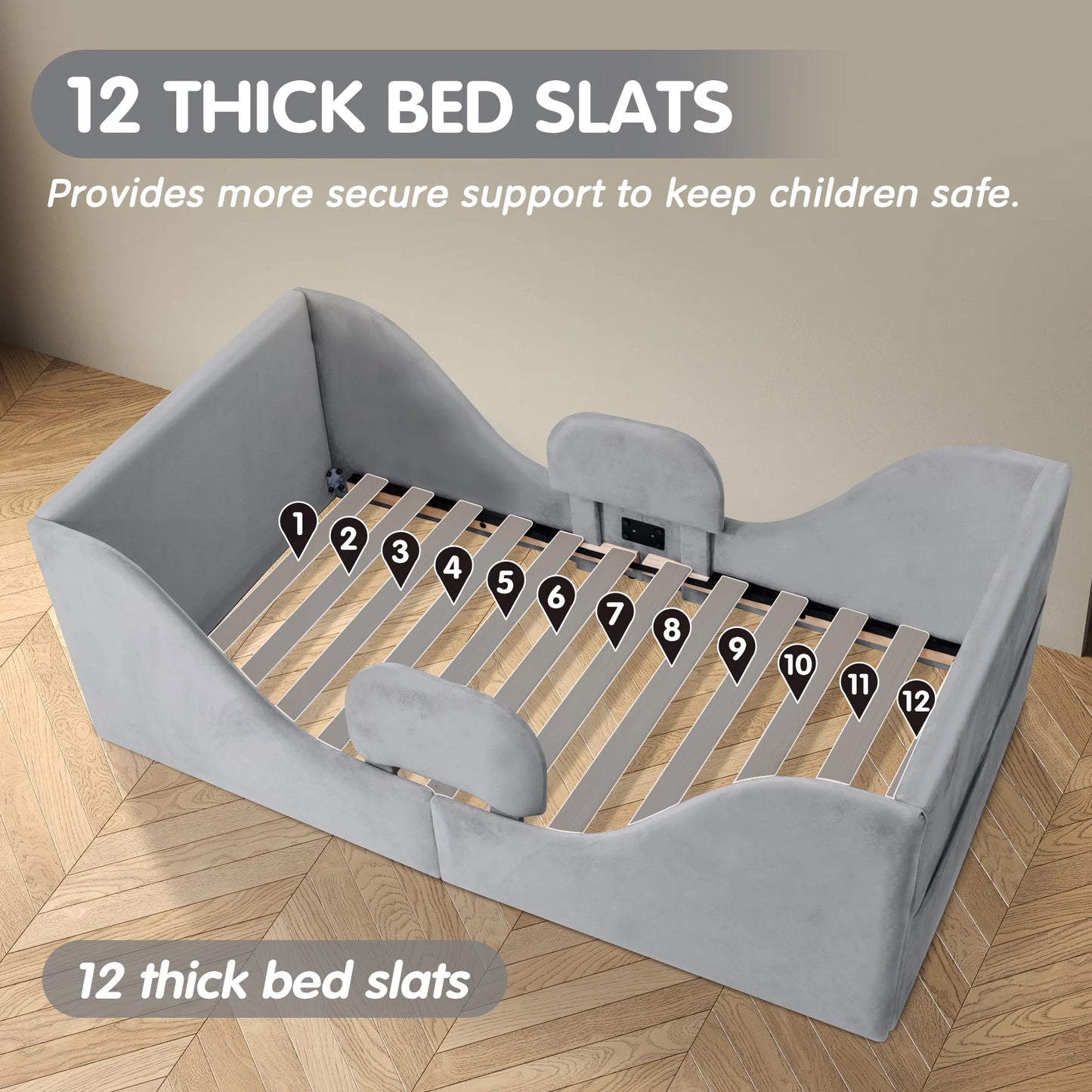 Spanspace Toddler Bed, Toddler Floor Bed – Low-to-Ground Design with Detachable Guard Rails, Soft Upholstered Transition Bed, Standard Crib Size for kids Ages 1–6 (Gray)