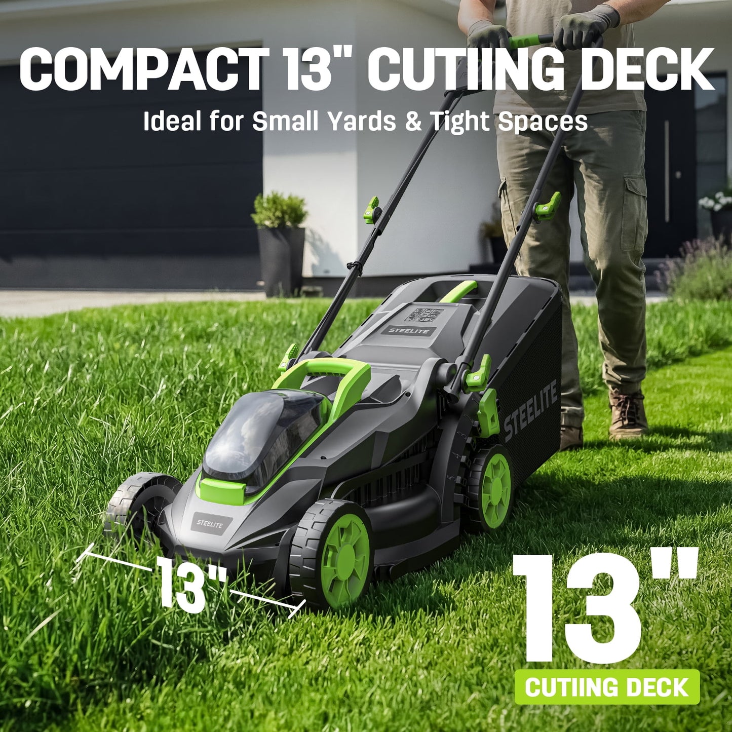 Steelite 13-Inch Cordless Lawn Mower, 21V Electric Lawn Mowers with Brushless Motor for Garden,5 Heights Adjustment, 4.0Ah Battery & Charger Included
