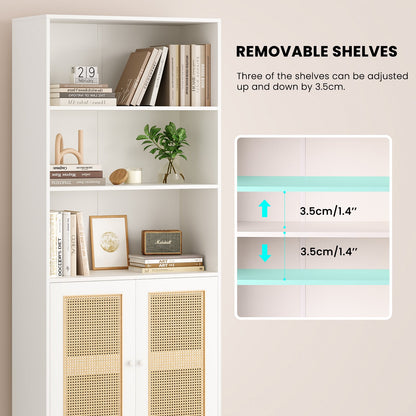 Farini Tall 5 Tier Bookcase, Storage Shelf with Rattan Doors for Living Room, Office, Library, White