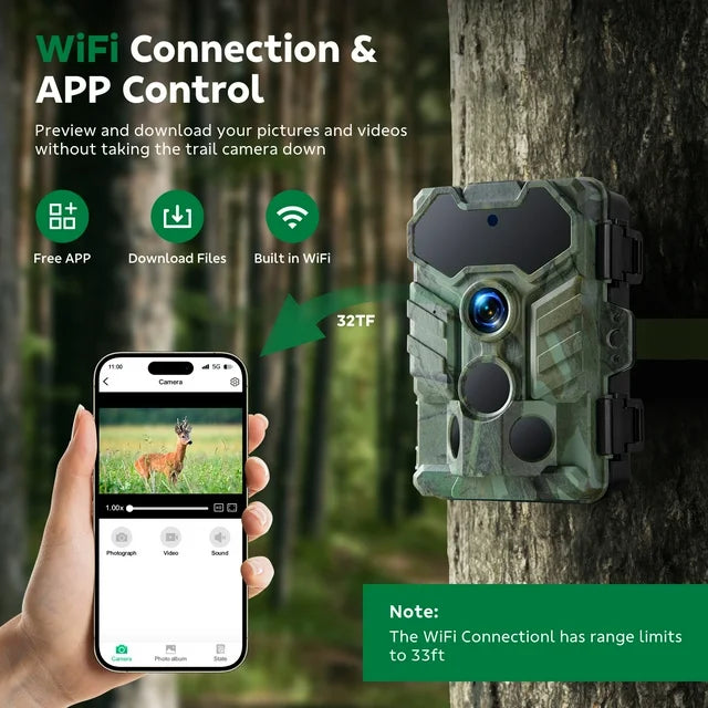 CAMPARK Trail Camera WiFi Bluetooth Game Deer Hunting Camera with Night Vision Waterproof IP66 0.1s Trigger Motion Activated Trail Cam 32MP 1080P 2.4" LCD Wildlife Camera