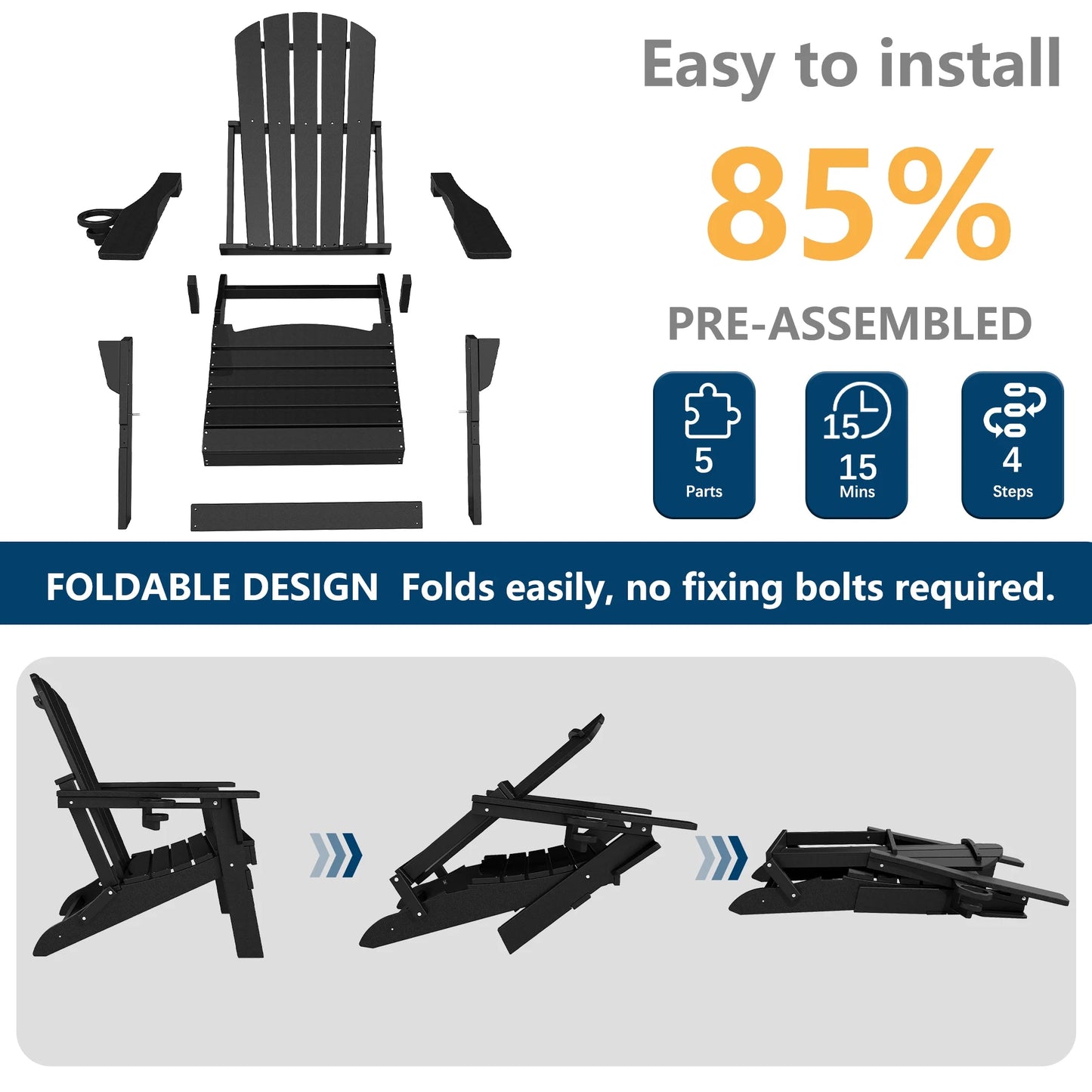 FOOWIN HDPE Folding Adirondack Chair, Fire Pit Chairs with Cup Holder, Black