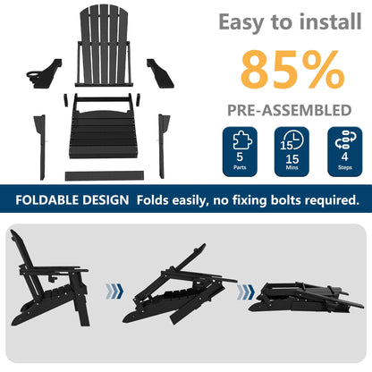 FOOWIN HDPE Folding Adirondack Chair, Fire Pit Chairs with Cup Holder, Black
