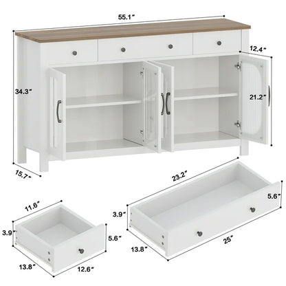 spanspace 55" Large Sideboard Buffet Cabinet with Storage, Buffet Table with 3 Drawers and 4 Glass Doors, Kitchen Buffet Storage Cabinet Coffee Bar Cabinet for Living Room,White
