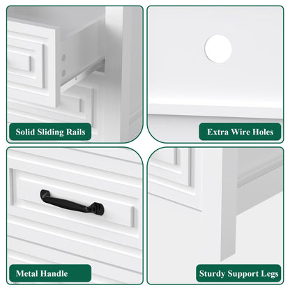 Nightstand with Charging Station Modern Bedside Table with 2 Wooden Drawers and Storage Shelves for Bedroom Living Room White