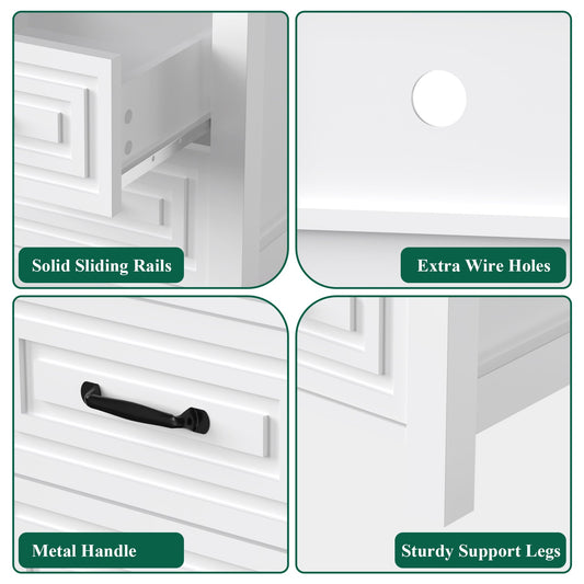 Nightstand with Charging Station Modern Bedside Table with 2 Wooden Drawers and Storage Shelves for Bedroom Living Room White