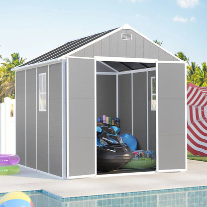 8x10FT Outdoor Shed, Extra Large Storage Shed Resin, Outside Storage for Garden Backyard, Double Doors, Double Windows, PP Splicing Floor, Heavy-duty Frame