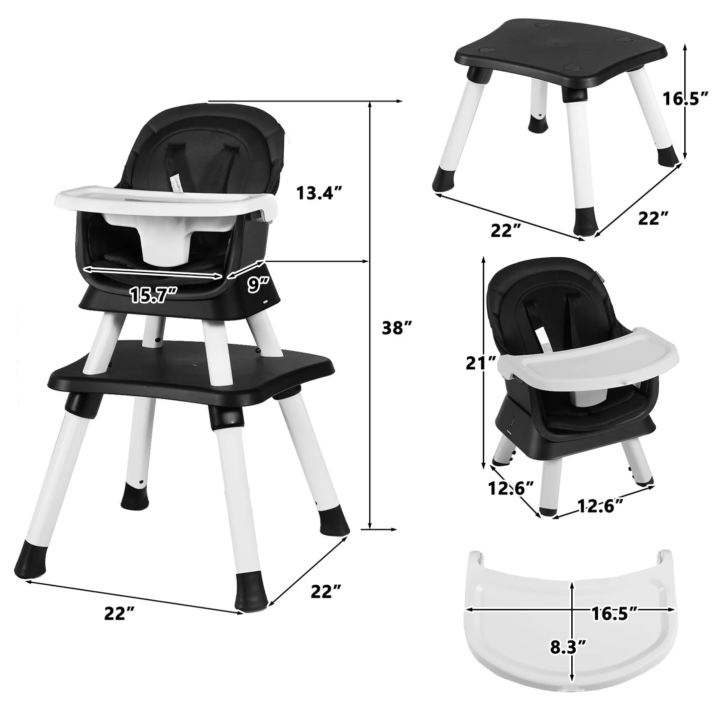LINLUX 8 in 1 Convertible High Chair for Babies, Feeding Booster Seat for Toddlers, Black