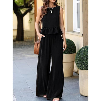 SHIBEVER Outfit Sets for Women 2 Piece Sets Summer Casual Sleeveless Set Outfits with Pockets Round Neck Tank Tops Matching Sets for Womens Clothes Elastic Waist Wide Leg