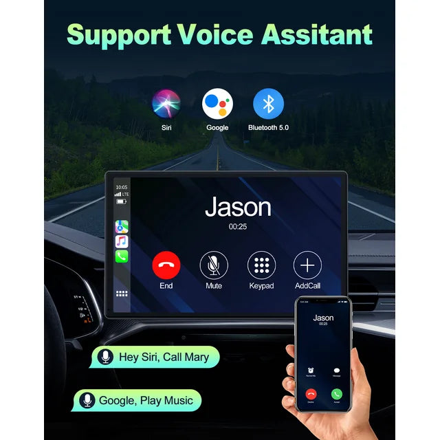 Lamtto Portable Car Stereo Wireless Apple CarPlay, 9" FHD Car Touch Sereen Radio with 1080P Backup Camera, Android Auto, Voice Control, Bluetooth, Mirror Link, GPS Navigation, Balck
