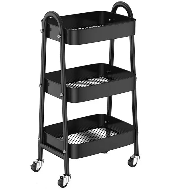 VAVSEA Metal Rolling Utility Cart, 3-Tier Rolling Storage Trolley Cart with Lockable Wheels, Laundry Room Organizer Cart with Handle for Kitchen Office Bathroom, Black