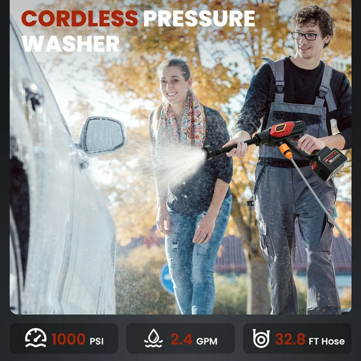NEXPOW 1000PSI Cordless Pressure Washer, 2.4GPM Portable Power Washer with 6 in 1 Adjustable Nozzle, Power Cleaner with 32.8ft Hose for Cars/Patios
