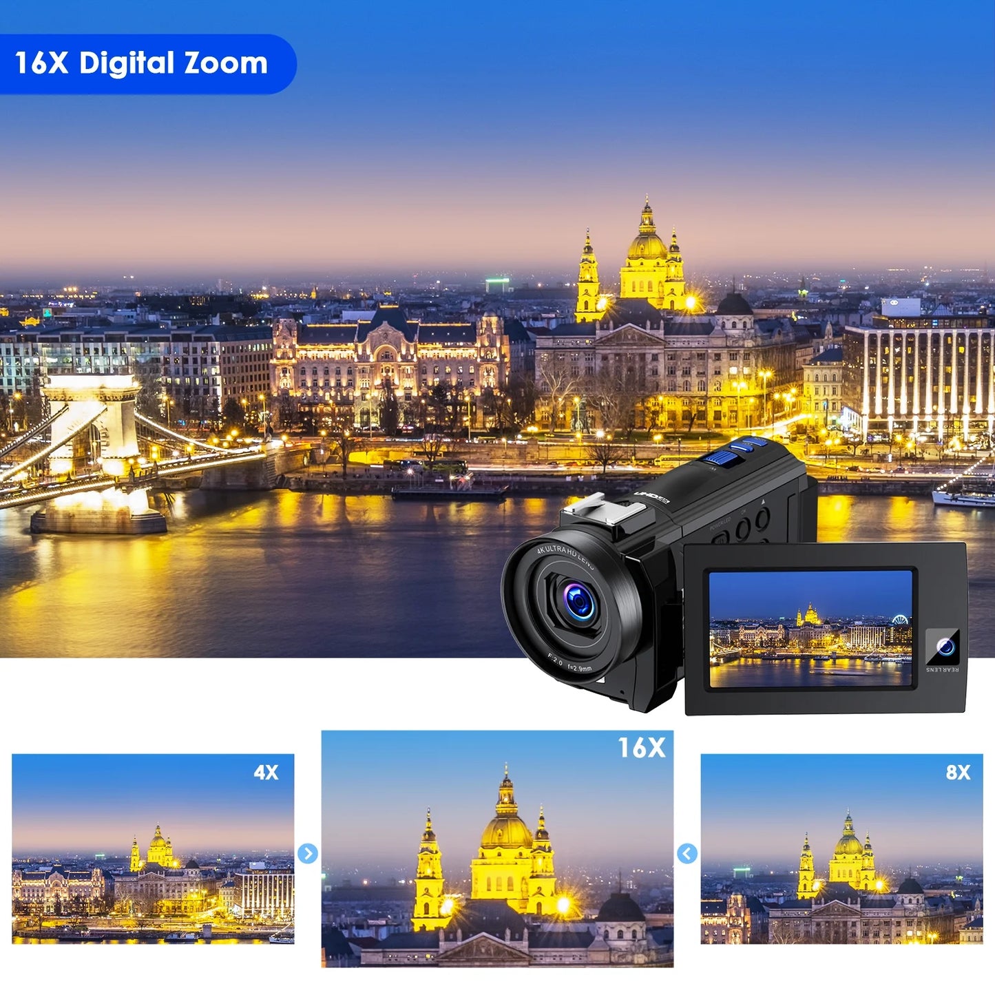 Campark AC09 4K 30FPS Video Camera 56MP Photo Dual Lens 3”Touch Screen Digital Camcorder for Vlogging Youtube