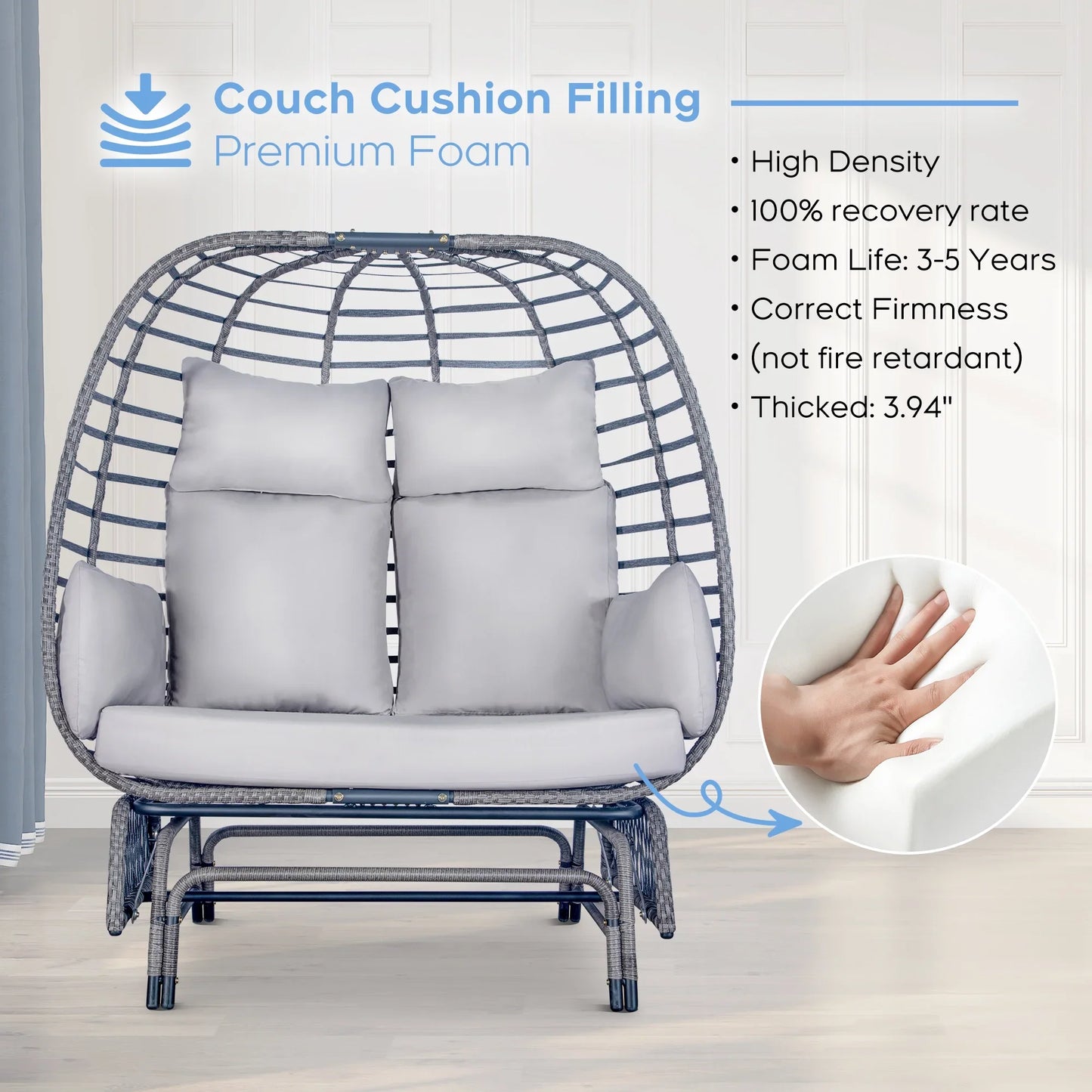 Brafab 2-Person Outdoor Egg Chair Wicker Basket Lounger Chairs with Stand Glider for Home Patio Xmas Gift,Steel Frame,Gray