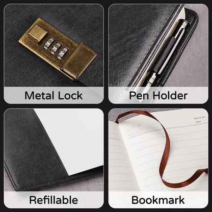 WEMATE Diary with Lock, A5 PU Leather, 240 Pages, Password Protected Notebook, Pen & Gift Box, Lock Diary,Black