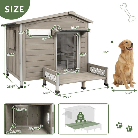 PETSCOSSET Outdoor Dog House, Wooden Dog Kennel with Porch & Window for Medium Dog