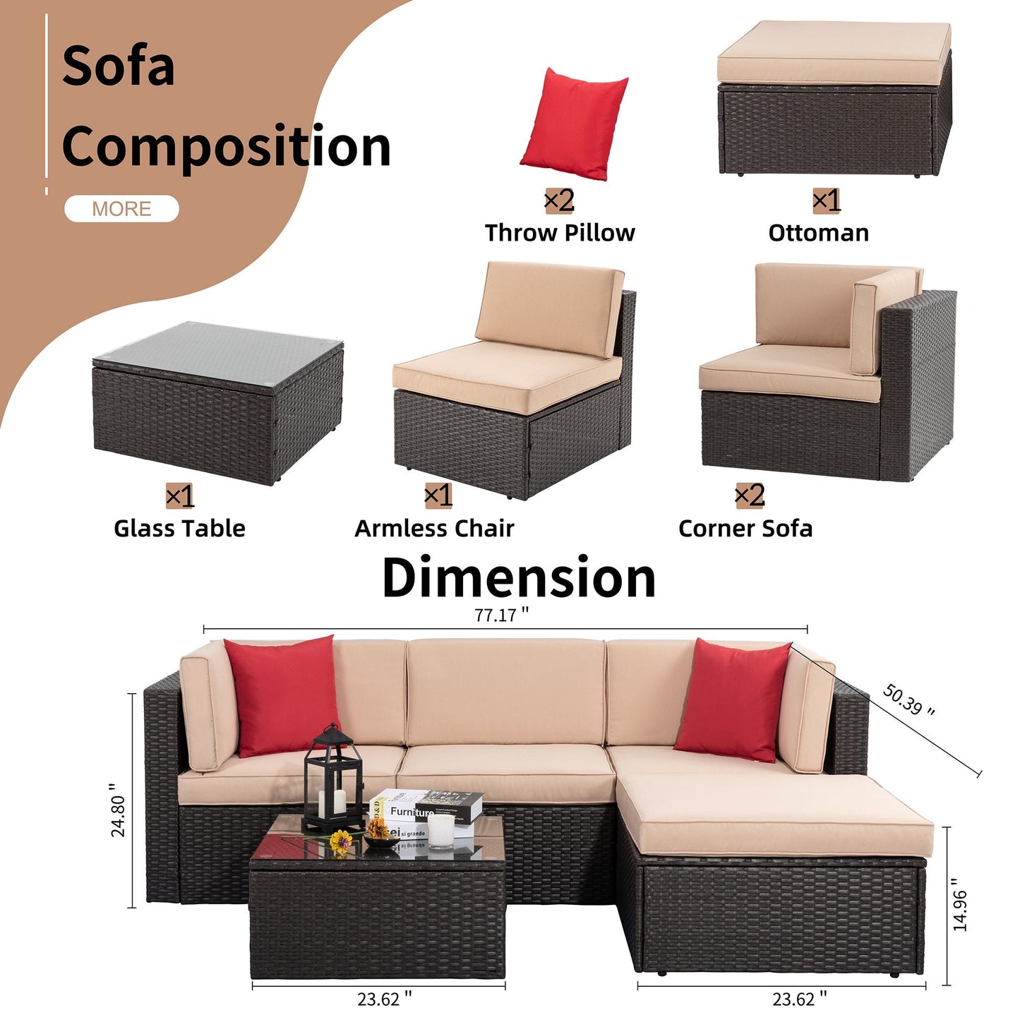 Carpet 5 Piece Outdoor Conversation Sets, Wicker Sectional Patio Set, Khaki