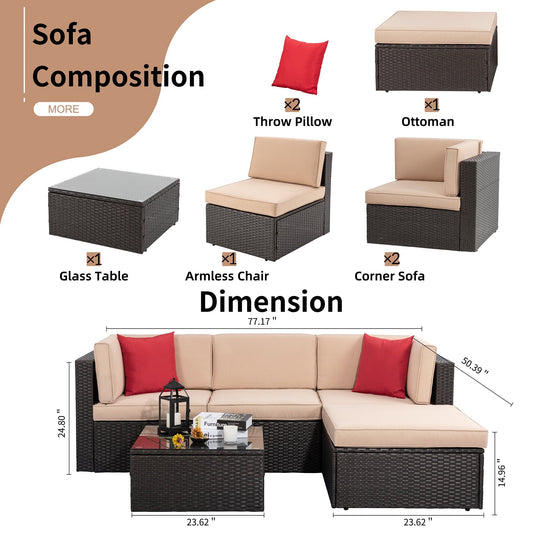 Carpet 5 Piece Outdoor Conversation Sets, Wicker Sectional Patio Set, Khaki